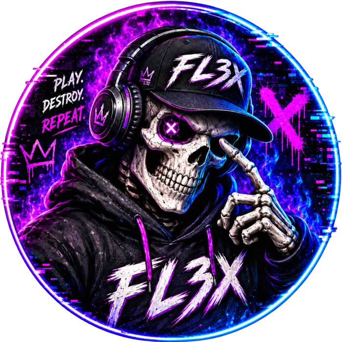 Just FL3X Skelett-Avatar im Neon-Arcade-Stil